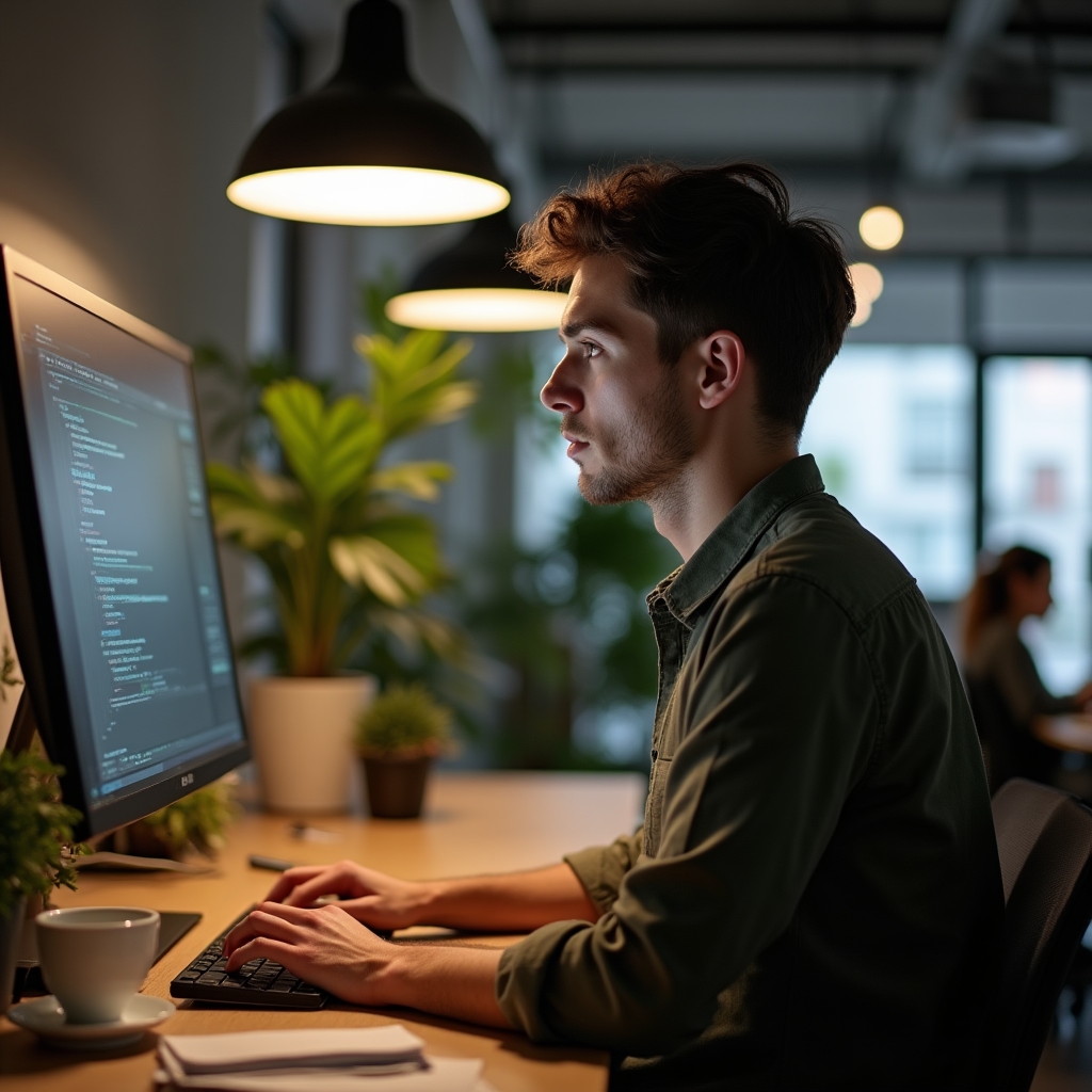 Профессионал сосредоточенно работает, современный офис